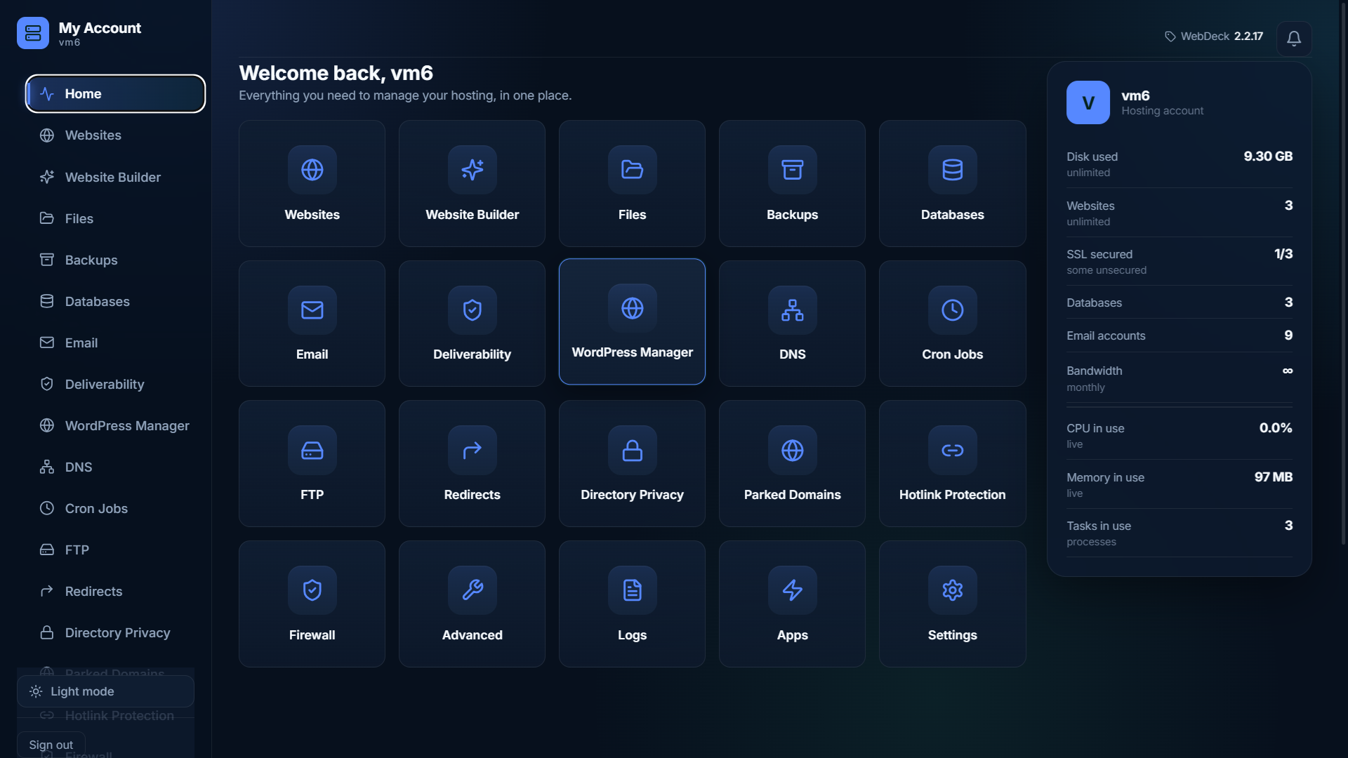 WebDeck dashboard interface screenshot