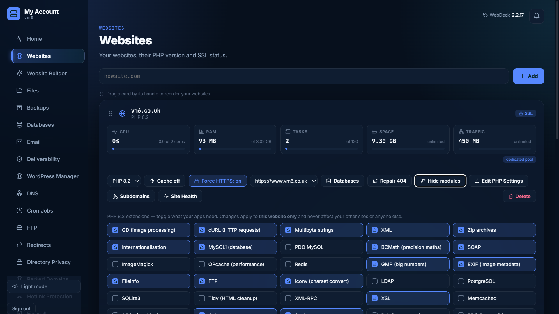 WebDeck PHP version and extension controls